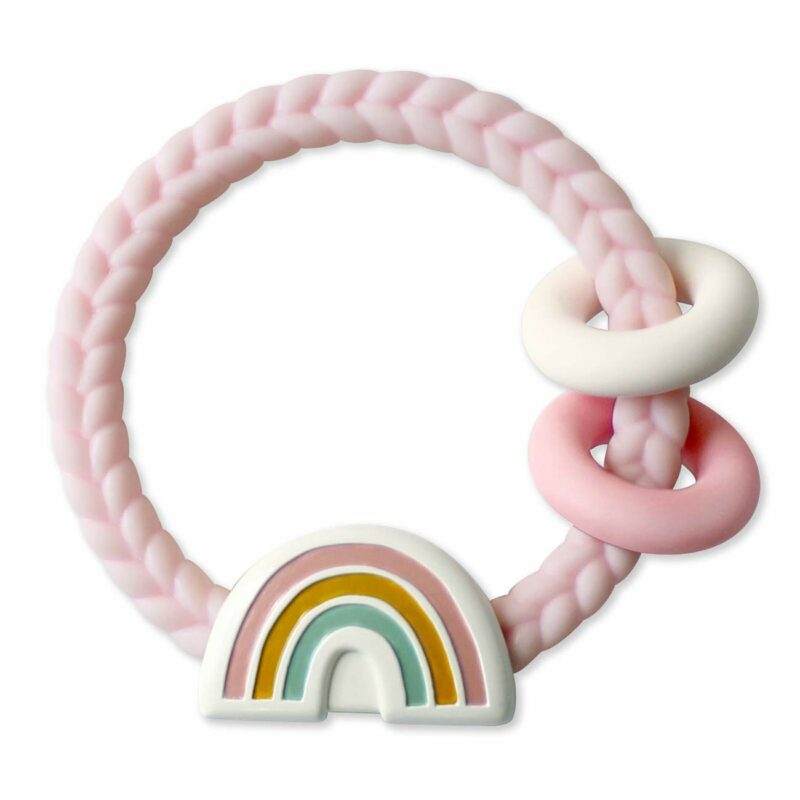 Silicone teething rattle with a brightly colored rainbow from Itzy Ritzy