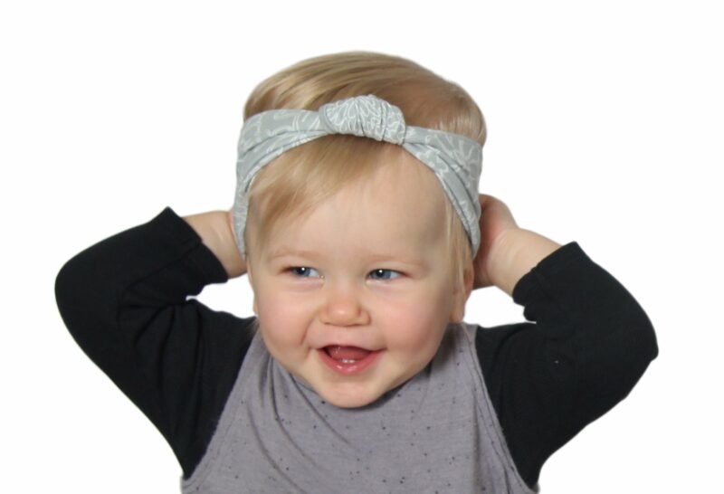Grey Baby Headband with Knotted Front and White Floral Pattern
