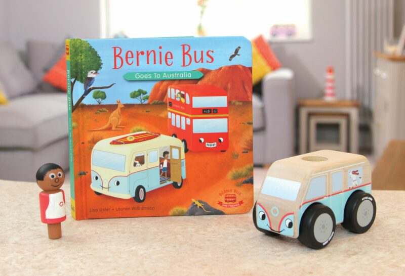 Bernie Bus Goes to Australia Board Book pictured with Mini Colin Campervan