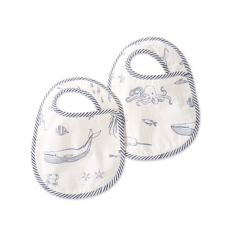 Pehr Bib Set of 2 Life Aquatic with navy blue stripe edging and print featuring whales