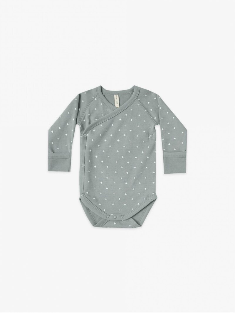 Quincy Mae Kimono Onesie Ocean with an allover criss cross pattern