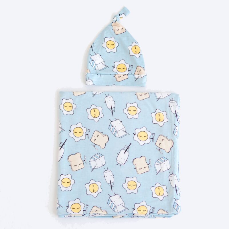 Blue Breakfast Buddies Pattern Baby Swaddle & Hat Set