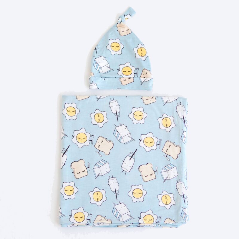 Blue Breakfast Buddies Pattern Baby Swaddle & Hat Set