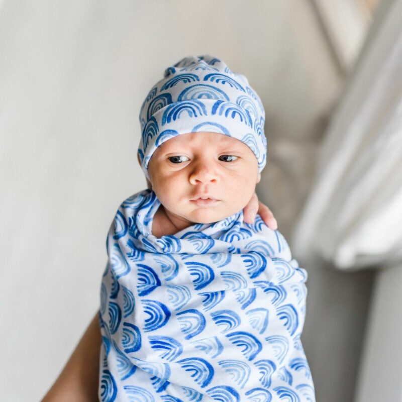 Little Sleepies Bamboo Swaddle Blanket with Matching Hat in Blue Rainbows Print