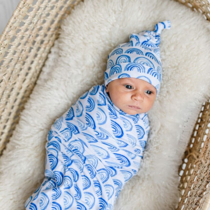 Little Sleepies Blue Rainbows Swaddle Set with Hat