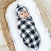 Buffalo Plaid Bamboo Swaddle and Knotted Hat Gift Set Little Sleepies