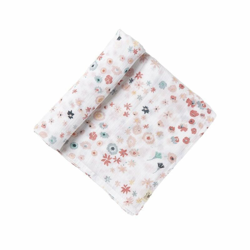 Pehr Novelty Print Swaddle in Meadow with pink and blue flowers