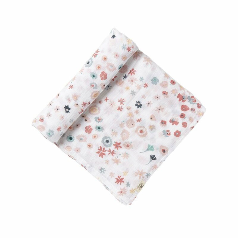 Pehr Novelty Print Swaddle in Meadow with pink and blue flowers