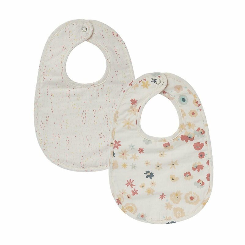 Pehr Bib Set of 2 Meadow & Showers Pink with bright pink flowers and muted pink dots