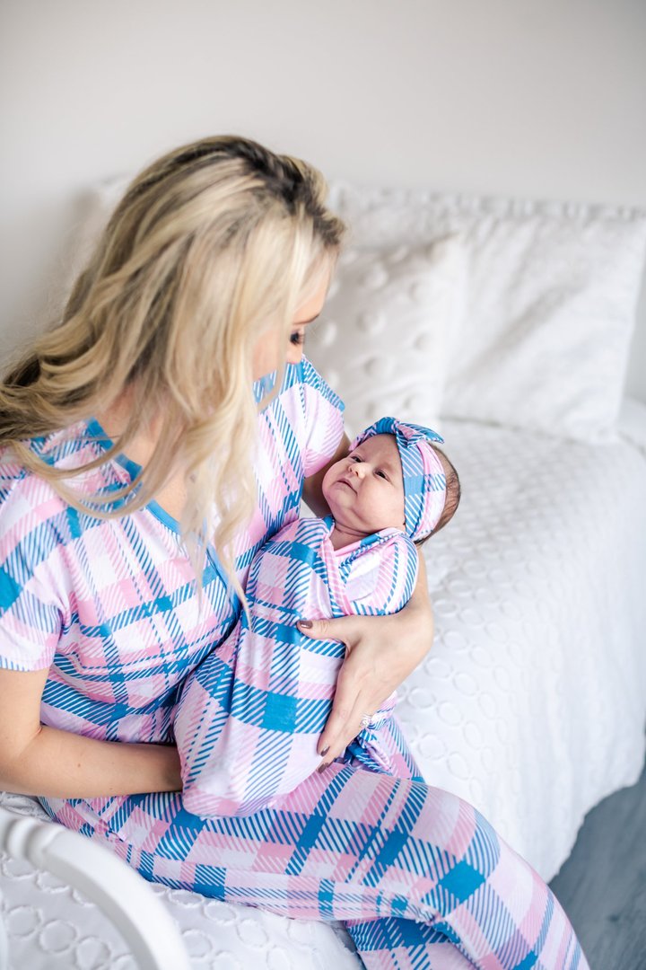 Bamboo Swaddle and Hat in Rosy Plaid by Little Sleepies