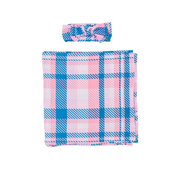 Little Sleepies Bamboo Rosy Plaid Set with Swaddle and Hat
