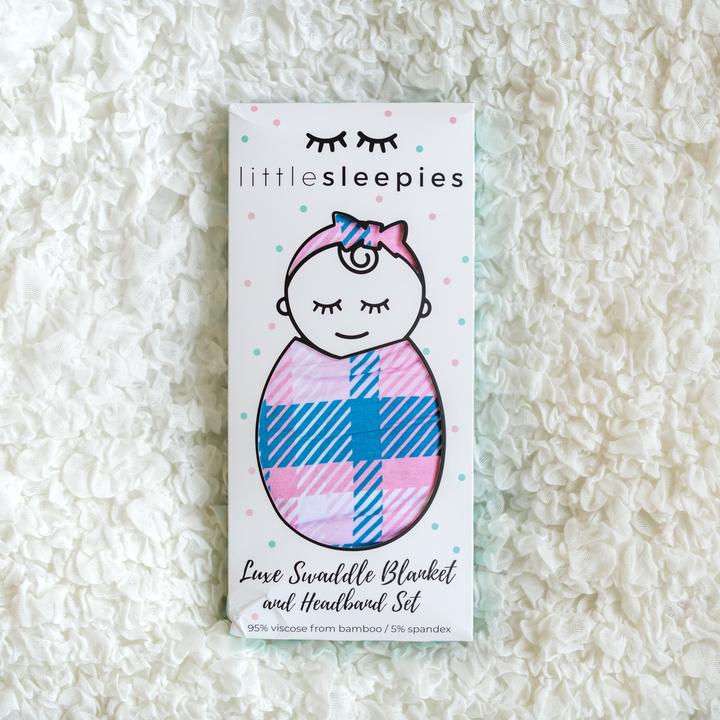 Rosy Plaid Pattern Swaddle and Hat Gift Set from Little Sleepies