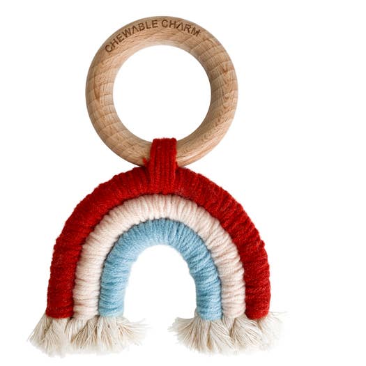 Chewable Charm Rainbow Macrame Teether- Brick + Blue