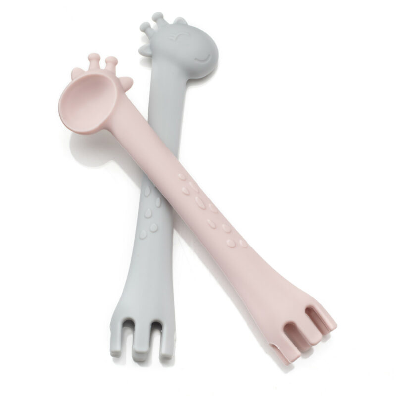 Silicone Training Spoon and Fork Set for Babies and Toddlers in Pink and Grey