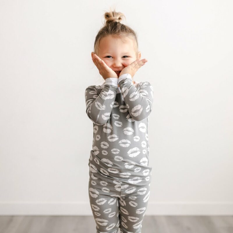 Little Sleepies Valentine's Day Collection Gray and White Kisses Pattern Toddler Two-Piece Long Sleeve Pajama Set