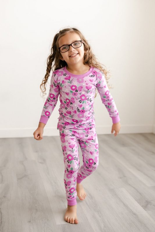 Little Sleepies Valentine's Day Collection Pink Flowers and Hearts Pattern Toddler Two-Piece Long Sleeve Pajama Set