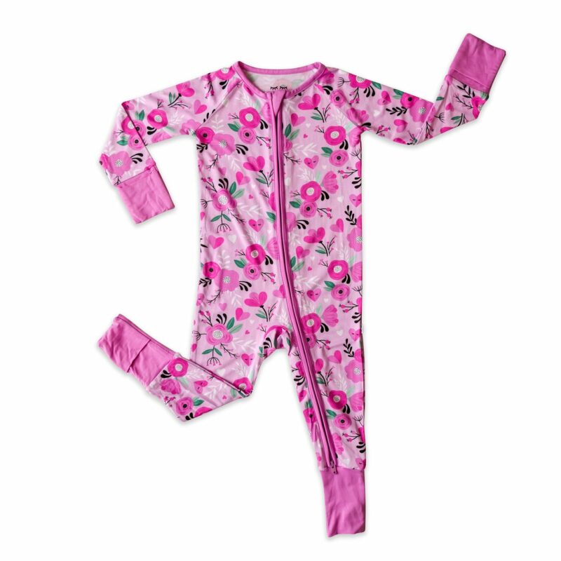 Bamboo Viscose Baby Pajamas Romper Footie by Little Sleepies Pink Floral Hearts Pattern