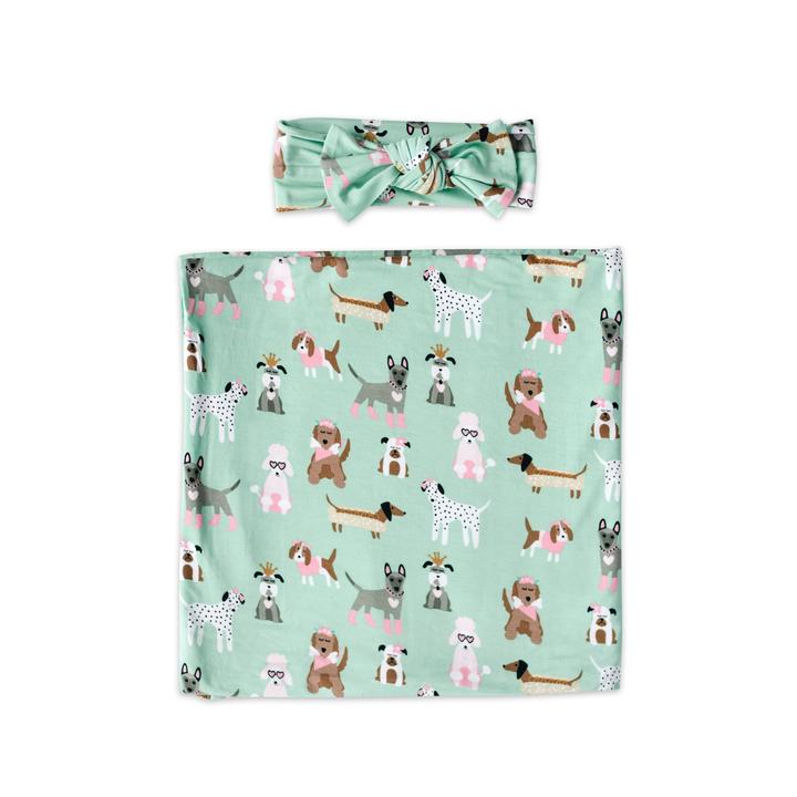 Little Sleepies Gift Set in Aqua Puppy Love with Multi-functional Baby Swaddle and Matching Bow Headband