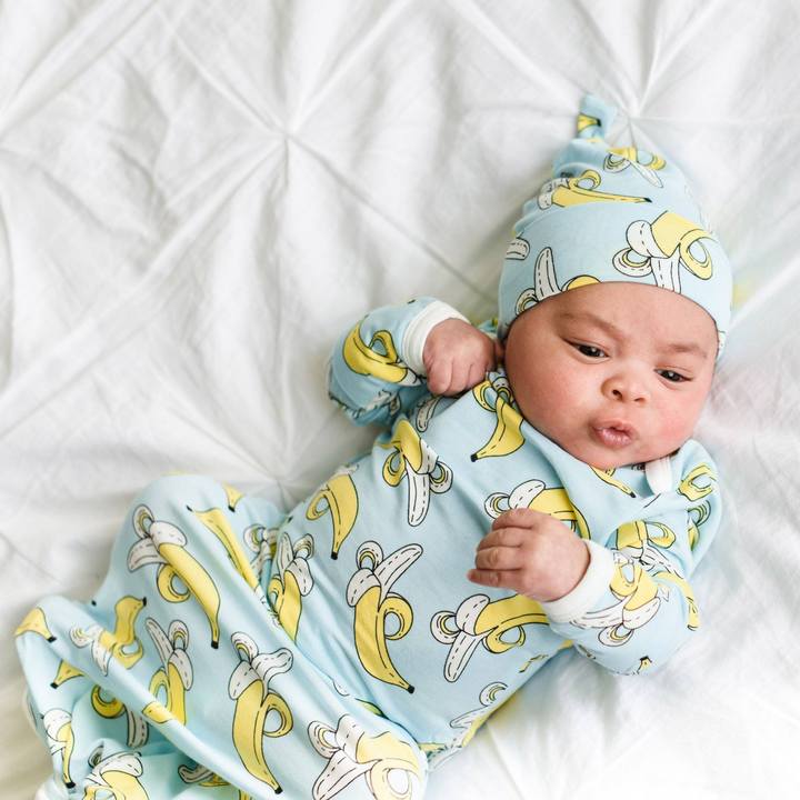Little Sleepies Bananas on Blue Bamboo Viscose Adjustable Baby Knotted Gown