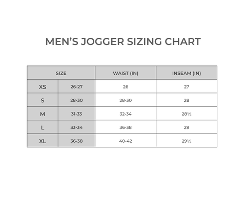 Kyte BABY Men's Joggers Size Chart