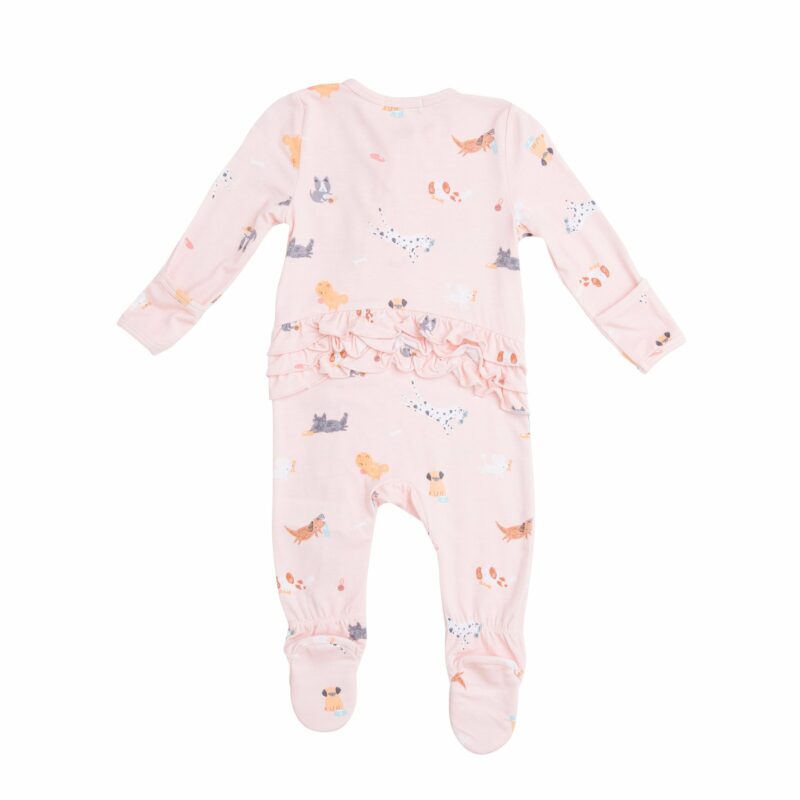 Organic Bamboo Baby Pajama Zippered Footie in Ruffled Pink Puppy