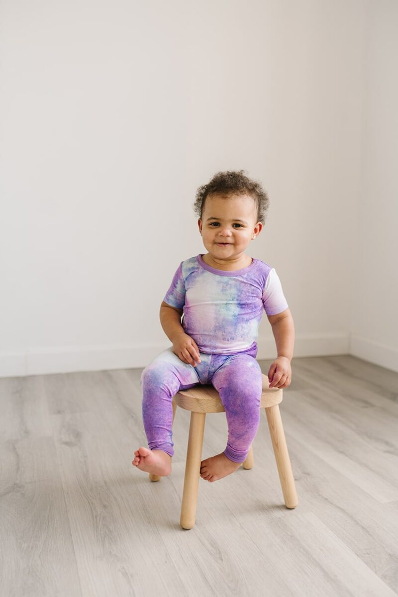 Short Sleeve Bamboo Viscose Baby Toddler Pajama Set in Purple Watercolor by Little Sleepies