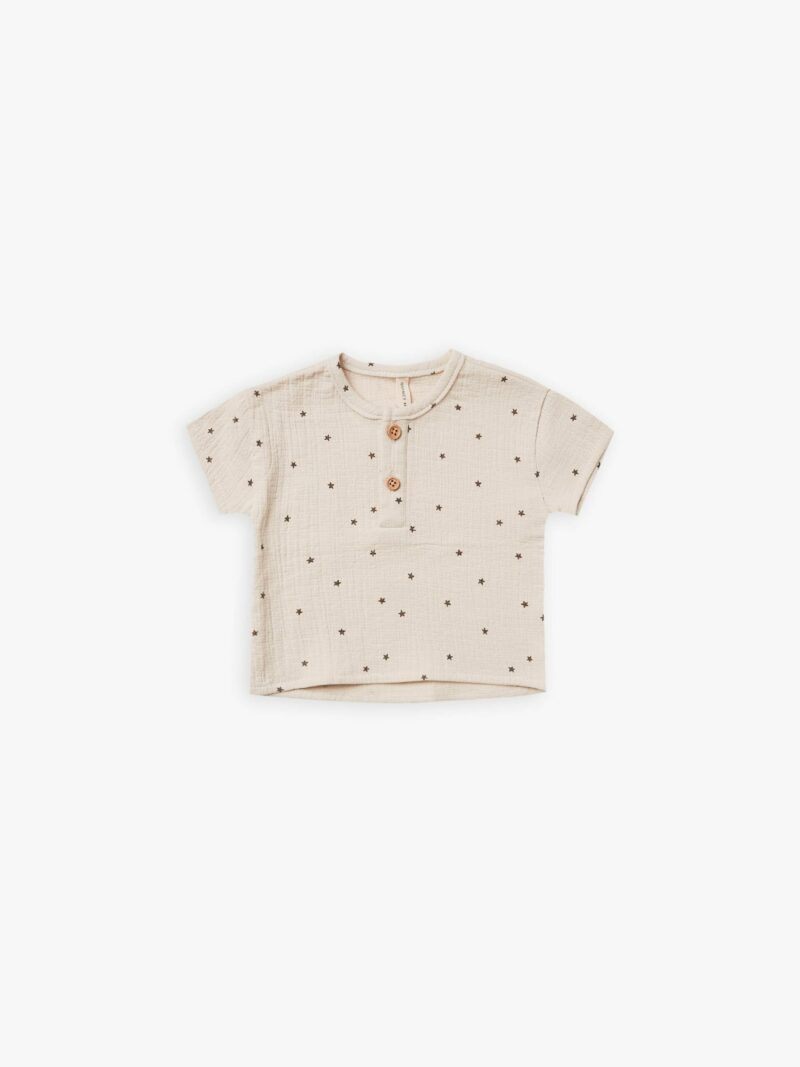 Quincy Mae Woven Henry Top with Stars in Natural