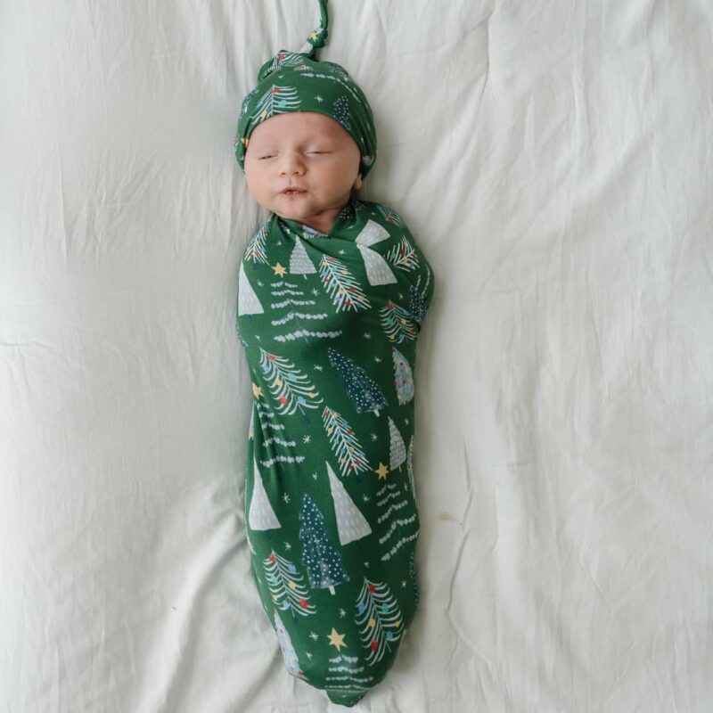 Little Sleepies Green Twinkling Trees Swaddle & Hat Set