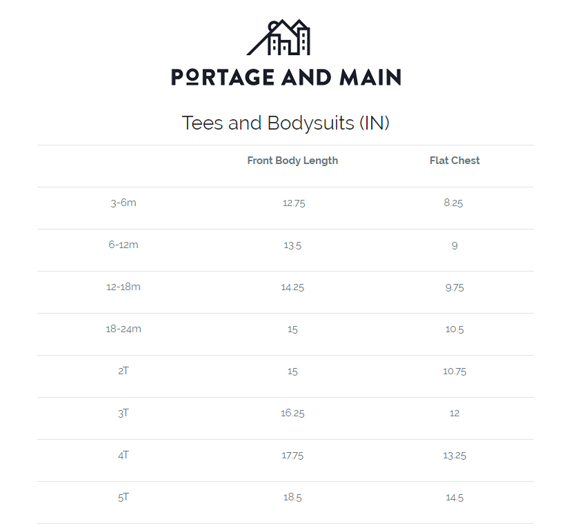 Portage and Main T-Shirt Size Chart