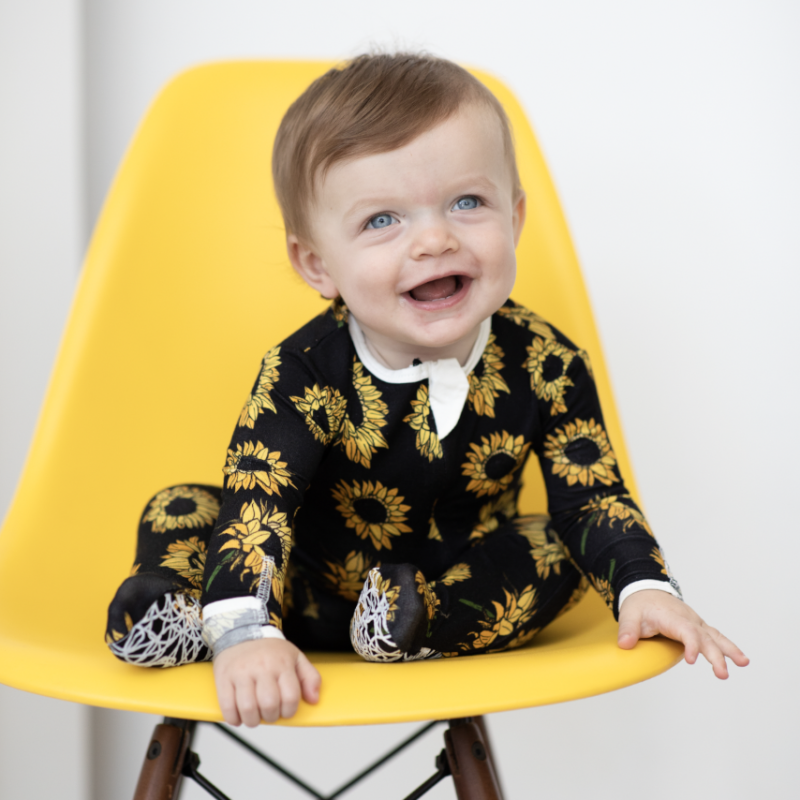 Peregrine Kidswear Sunflowers on Black Bamboo Footie