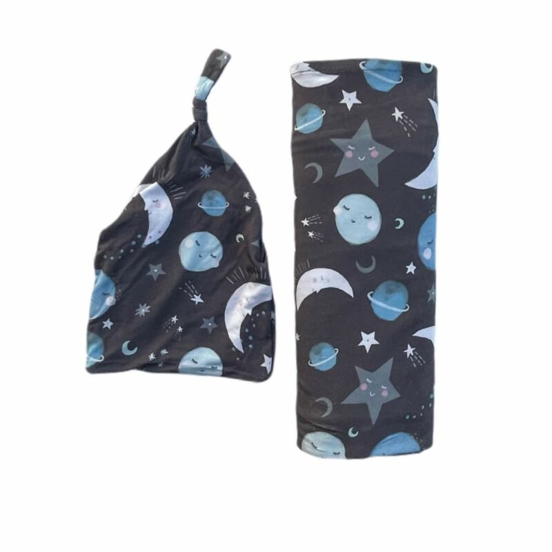 Little Sleepies To the Moon & Back Blue Swaddle & Hat Set