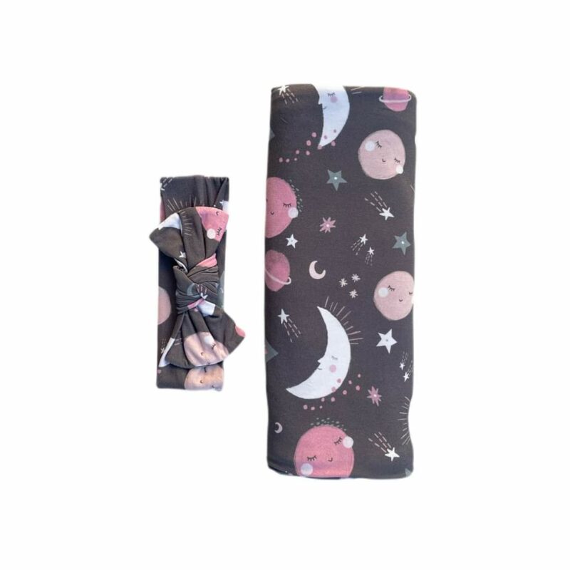 Little Sleepies To the Moon & Back Pink Swaddle & Headband Set