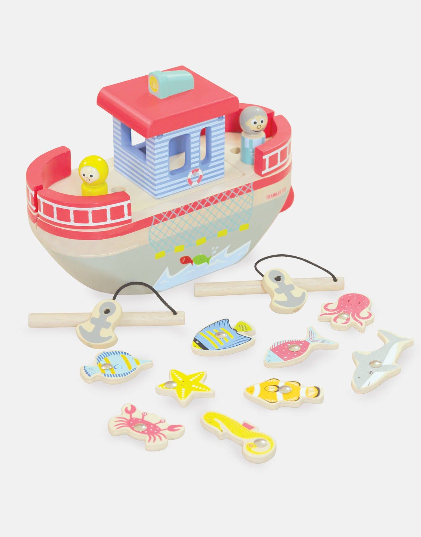Trawler Ted Wooden Boat Toy Playset with Removable Passengers and Magnetic Fishing Game Including Fish for 2 3 4 Year Old Boy and Girls