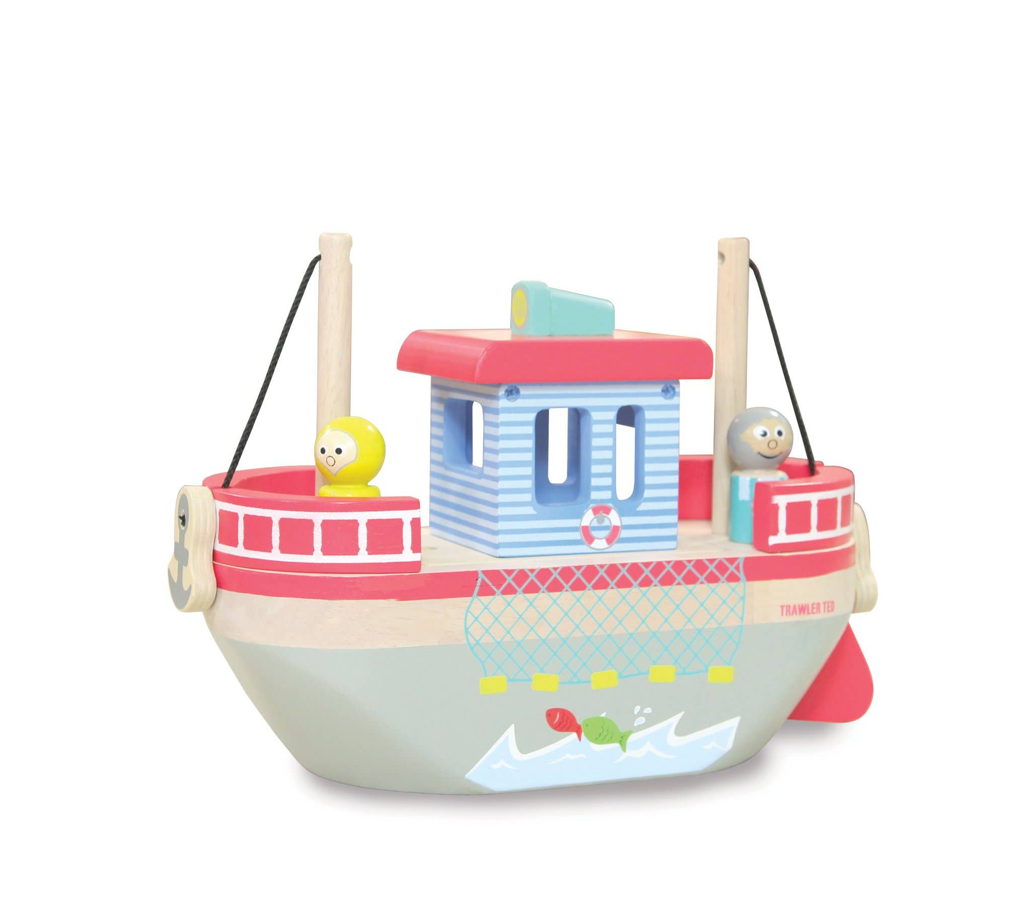 Trawler Ted Wooden Boat Toy Playset with Removable Passengers and Magnetic Fishing Game Including Fish for 2 3 4 Year Old Boy and Girls