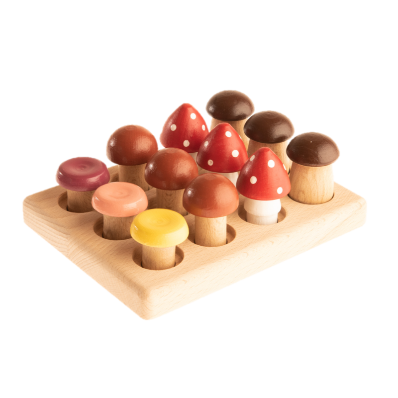 Poppy Baby Co Wooden Mushrooms on Wooden Tray