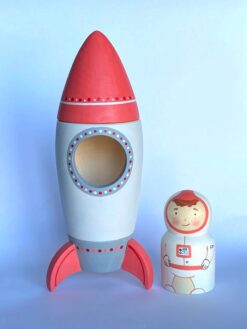 Indigo Jamm Rocket Ricky Wooden Toy Space Vehicle Movable Flames and Astronauts for sale online 