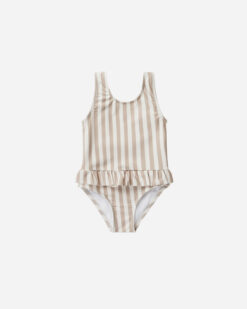 Rylee + Cru Grey Stripe Skirted One-Piece Swimsuit