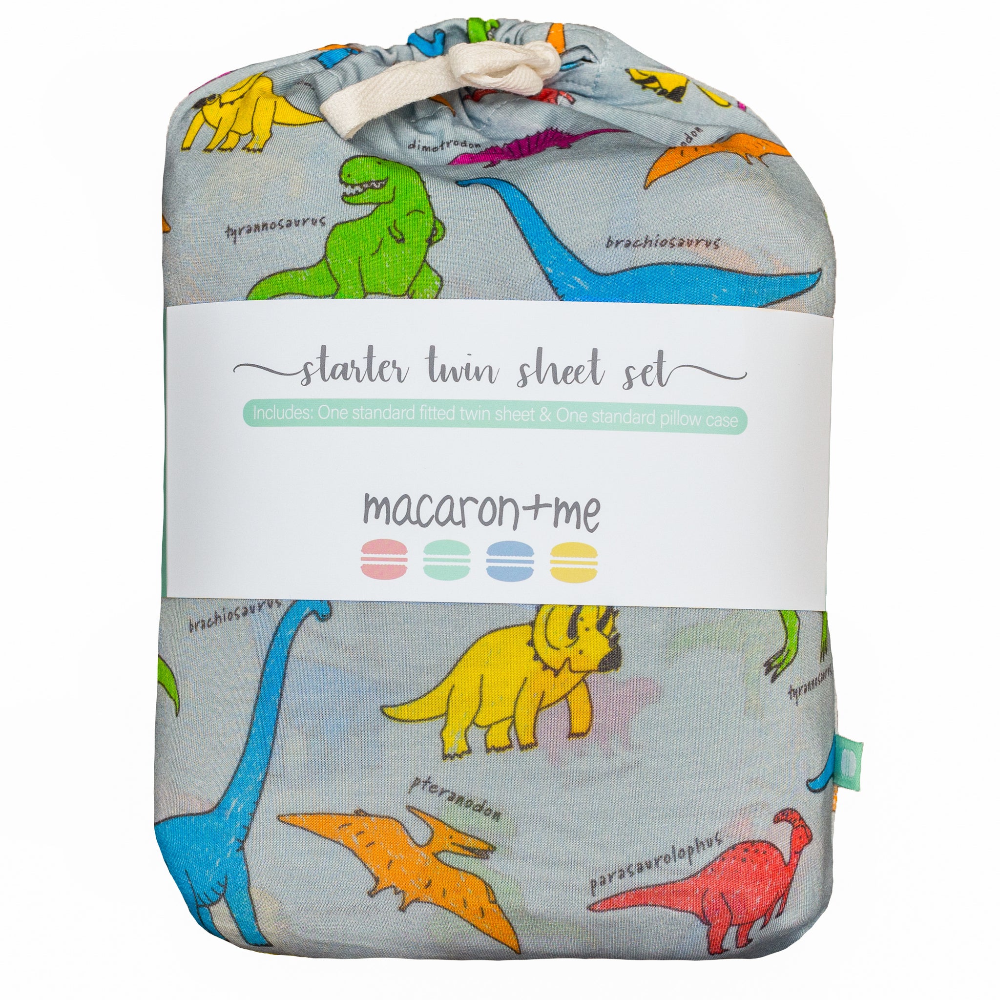 macaron + me Neon Dinos Bamboo Viscose Fitted Twin Sheet and Pillow Case Set