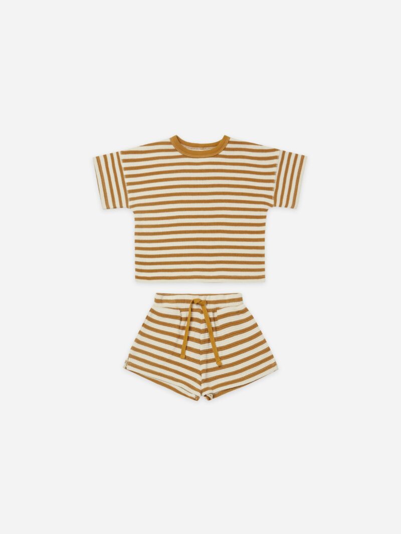 Quincy Mae Ocre Stripe Waffle Tee and Short Set
