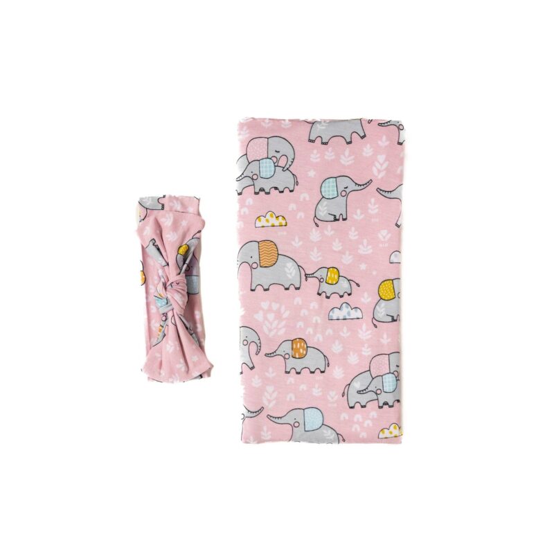 Pink Elephant Snuggles Bamboo Viscose Swaddle and Headband Set from Little Sleepies