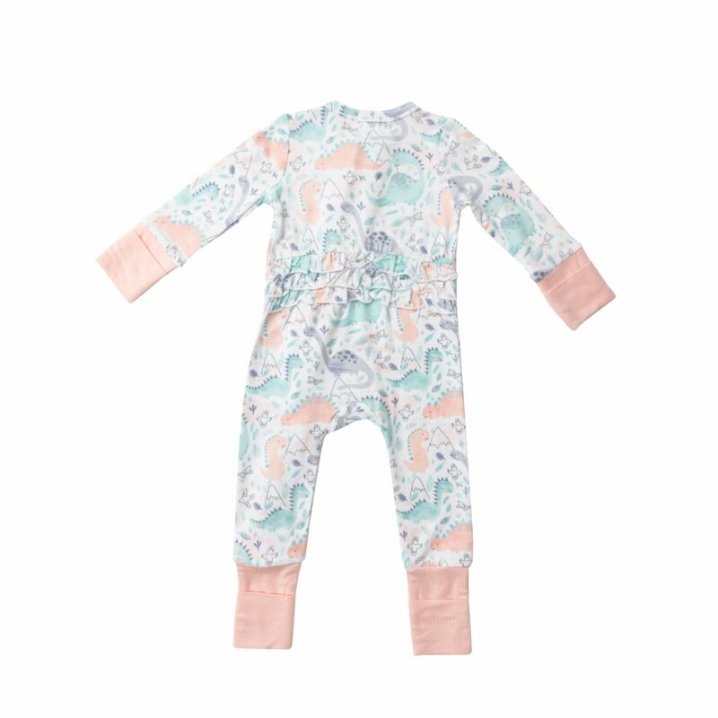 Pink Dino Bamboo Viscose Ruffled Zipper Romper from Angel Dear