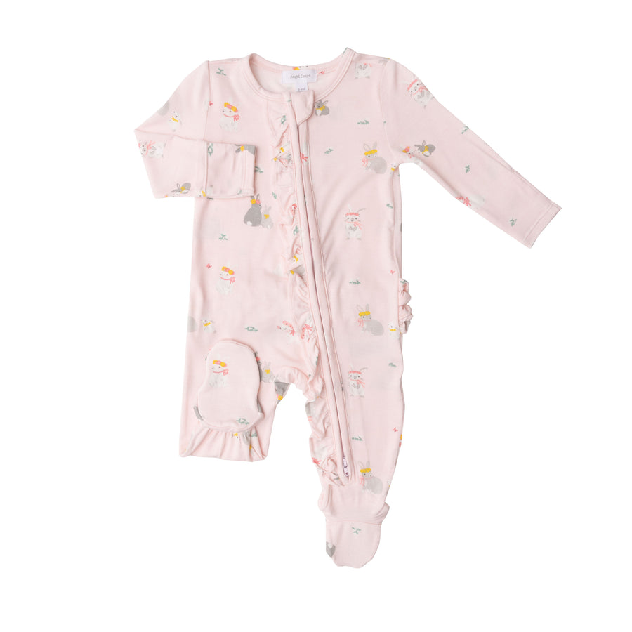 Angel Dear Pink Bunny Bamboo Viscose Ruffle Zipper Footie Blossom