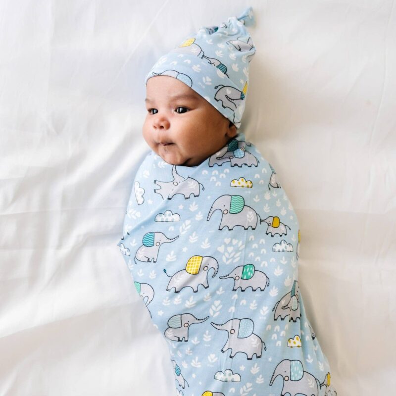 Little Sleepies Blue Elephant Snuggles Bamboo Viscose Swaddle and Hat Set