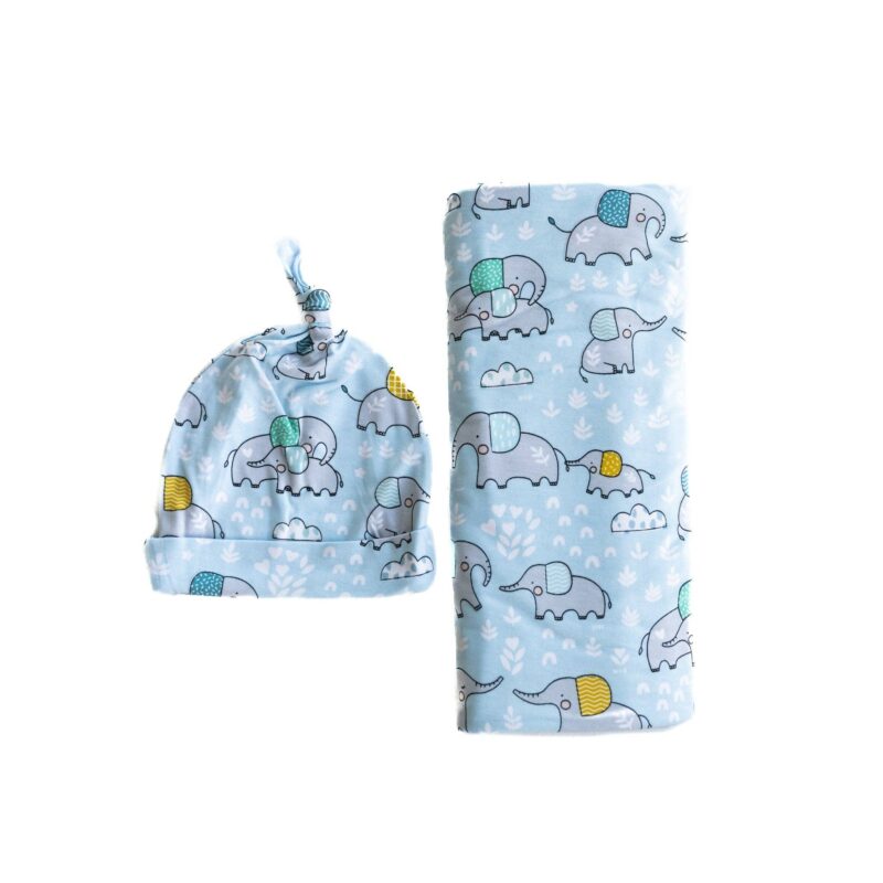 Blue Elephant Snuggles Bamboo Viscose Swaddle and Hat Set from Little Sleepies