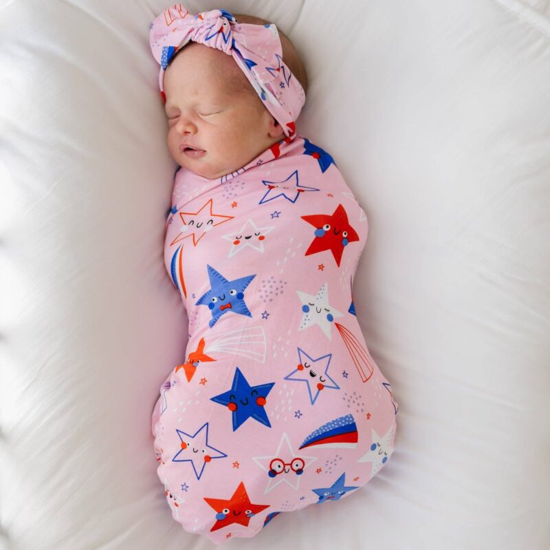 Little Sleepies Pink Stars & Stripes Bamboo Viscose Swaddle and Headband Set