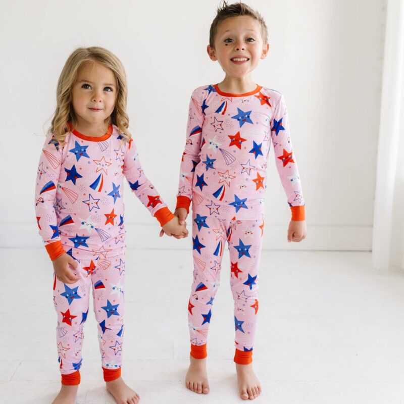 Pink Stars & Stripes Two-Piece Bamboo Viscose Pajama Set available at Blossom