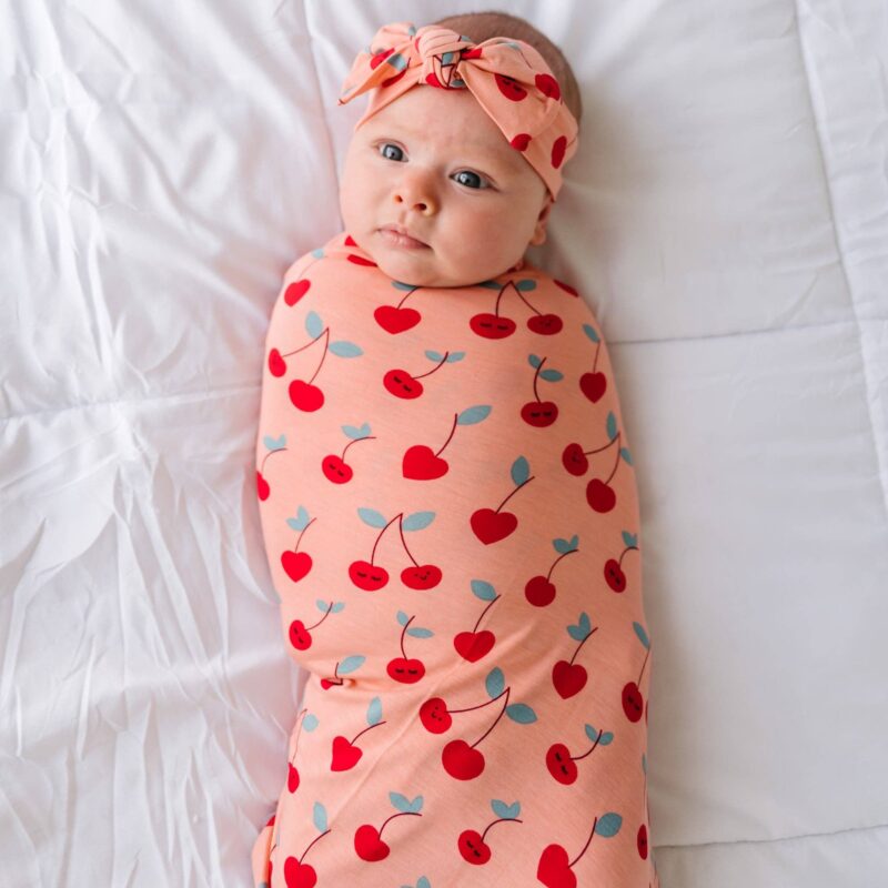 Cherry on Top Bamboo Viscose Swaddle and Headband Set from Little Sleepies