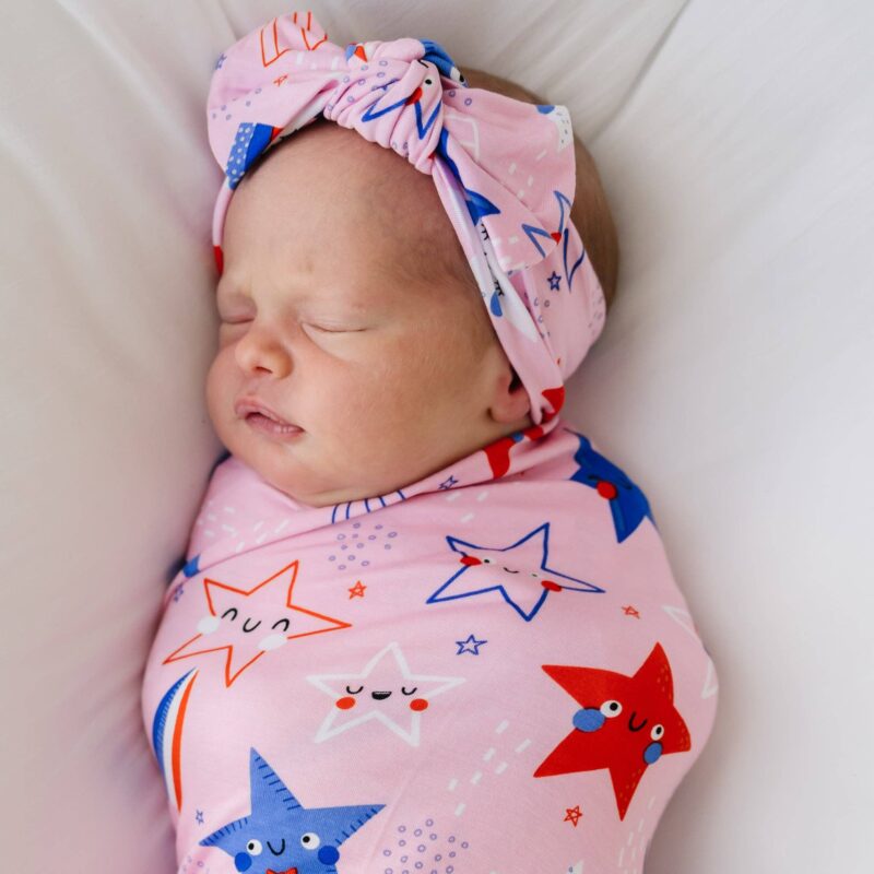 Pink Stars & Stripes Bamboo Viscose Swaddle and Headband Set from Little Sleepies