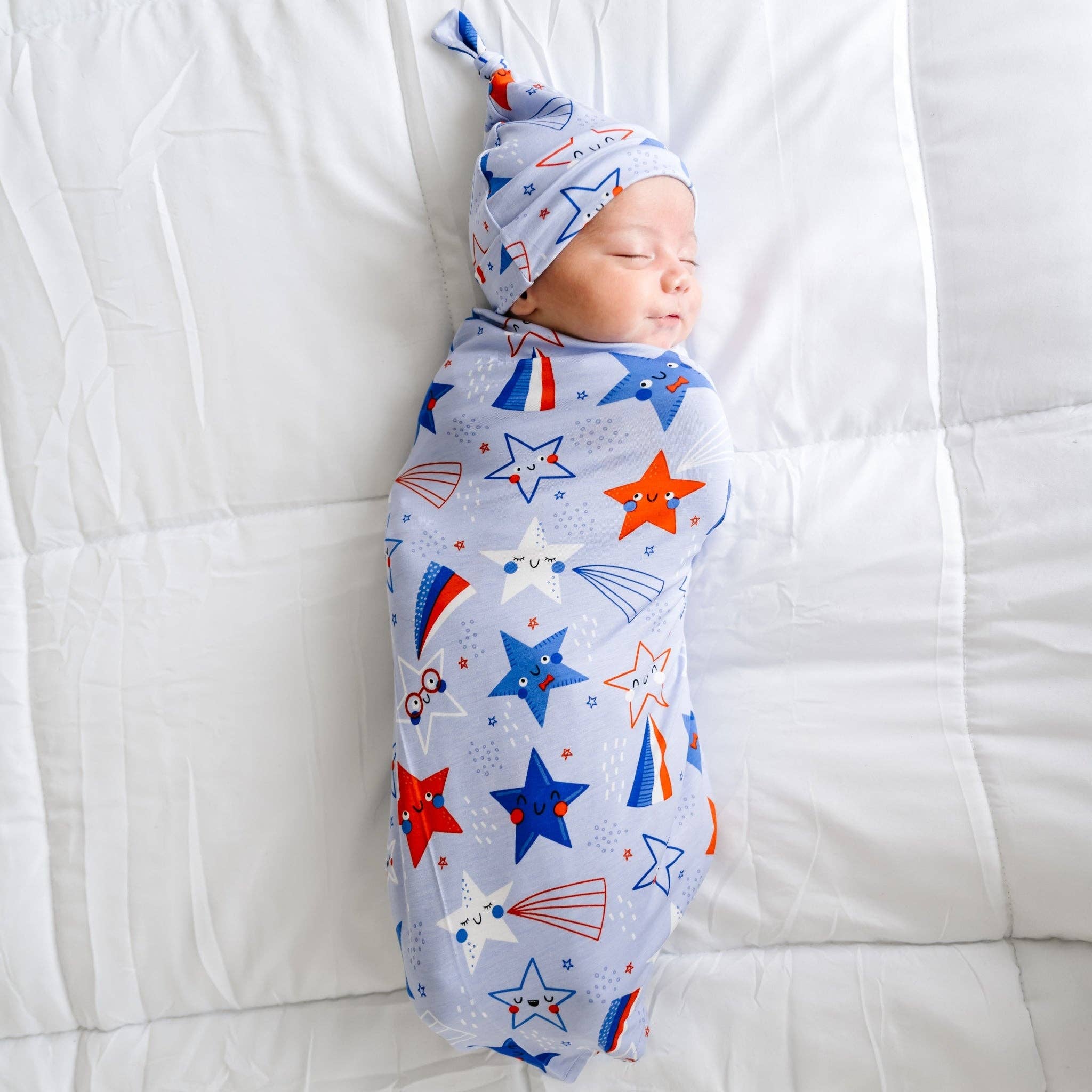 Little Sleepies Blue Stars & Stripes Bamboo Viscose Swaddle + Hat Set