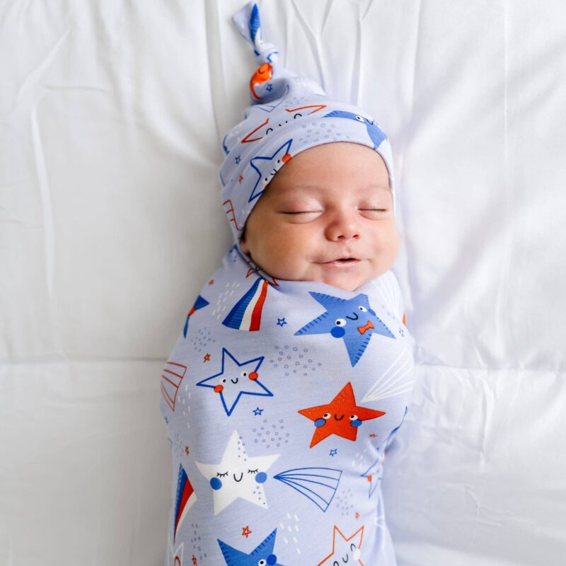 Blue Stars & Stripes Bamboo Viscose Swaddle + Hat Set from Little Sleepies